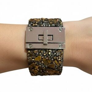 Wide Stone Chip Cuff Bracelet Brown Gold Tone Statement